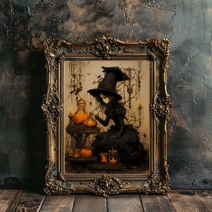 Halloween Witch Gothic Wall Art Vintage Oil Painting Witchy Decor Dark Cottagecore Gothic Orange and Beige Halloween Decoration Paper Poster Print - Everything Pixel