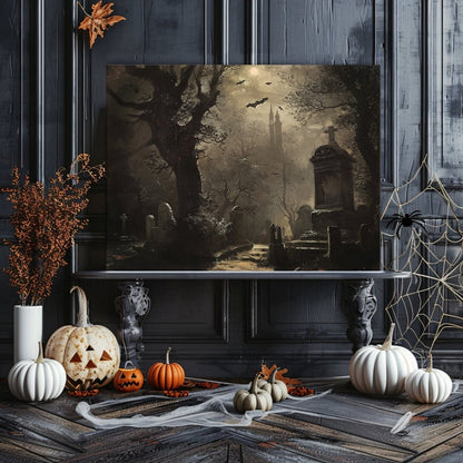 Haunted Cemetery Canvas Print - Spooky Season Decor, Gothic Wall Art - Everything Pixel