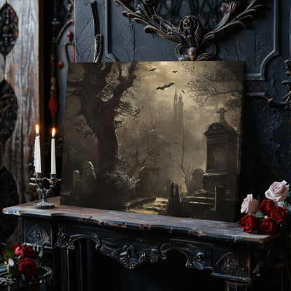 Haunted Cemetery Canvas Print - Spooky Season Decor, Gothic Wall Art - Everything Pixel