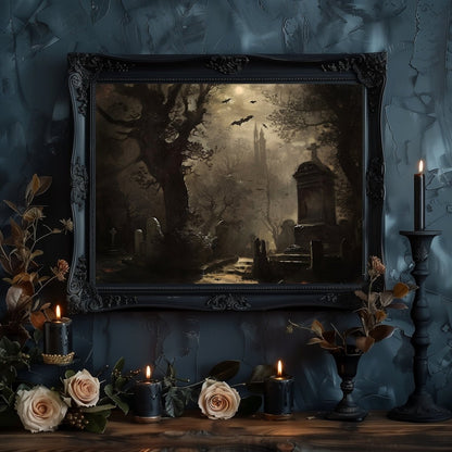 Haunted Cemetery Wall Art Print - Spooky Season Decor, Gothic Wall Art - Everything Pixel