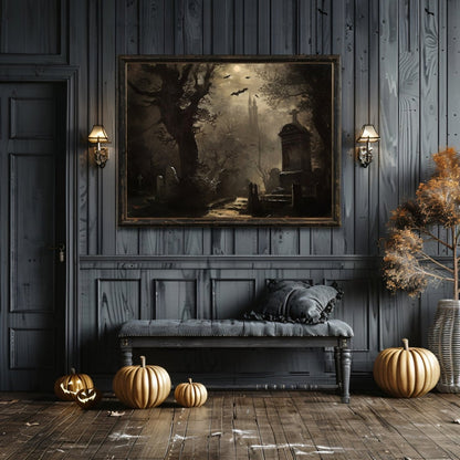 Haunted Cemetery Wall Art Print - Spooky Season Decor, Gothic Wall Art - Everything Pixel