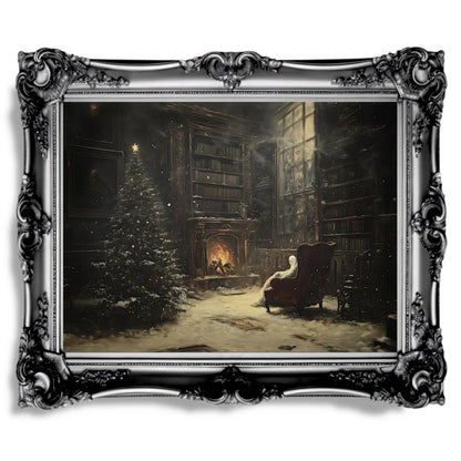 Haunted Christmas Library Print - Festive Holiday Wall Art with Ghostly Figure & Glowing Fireplace - Everything Pixel