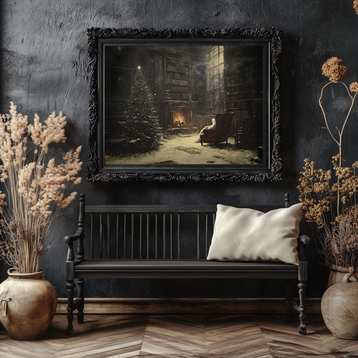 Haunted Christmas Library Print - Festive Holiday Wall Art with Ghostly Figure & Glowing Fireplace - Everything Pixel