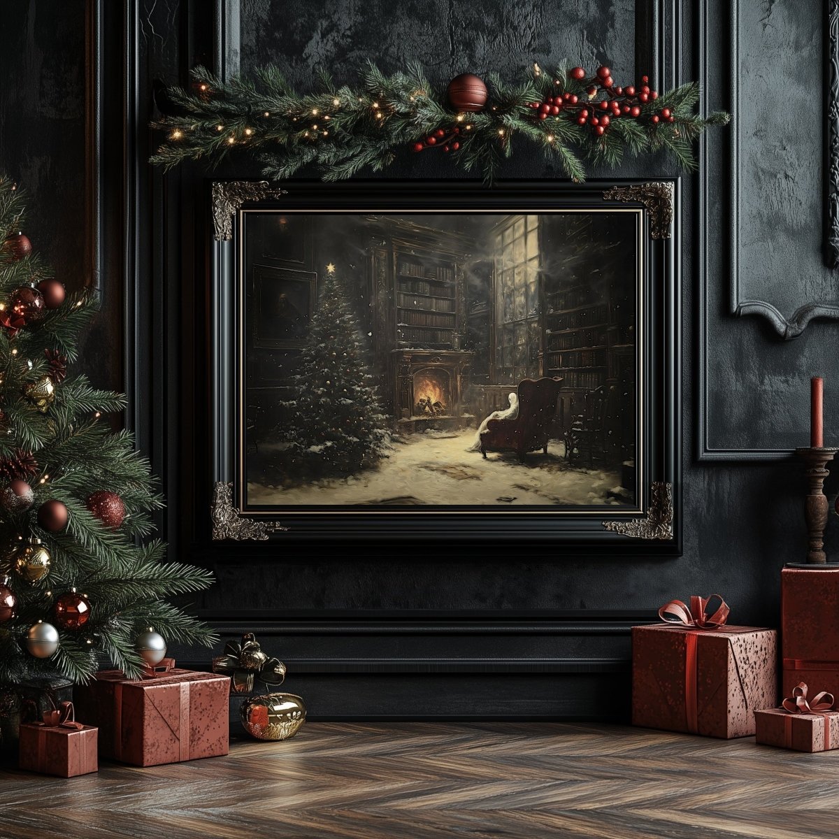 Haunted Christmas Library Print - Festive Holiday Wall Art with Ghostly Figure & Glowing Fireplace - Everything Pixel