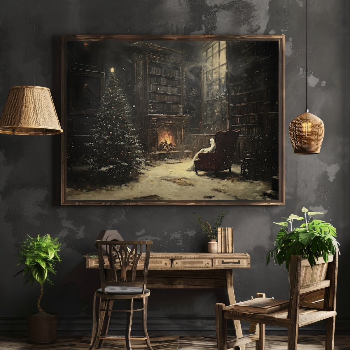 Haunted Christmas Library Print - Festive Holiday Wall Art with Ghostly Figure & Glowing Fireplace - Everything Pixel