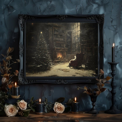 Haunted Christmas Library Print - Festive Holiday Wall Art with Ghostly Figure & Glowing Fireplace - Everything Pixel