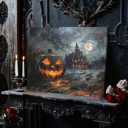 Haunted House with Halloween Pumpkin at Full Moon Night - Gothic Canvas Print - Everything Pixel