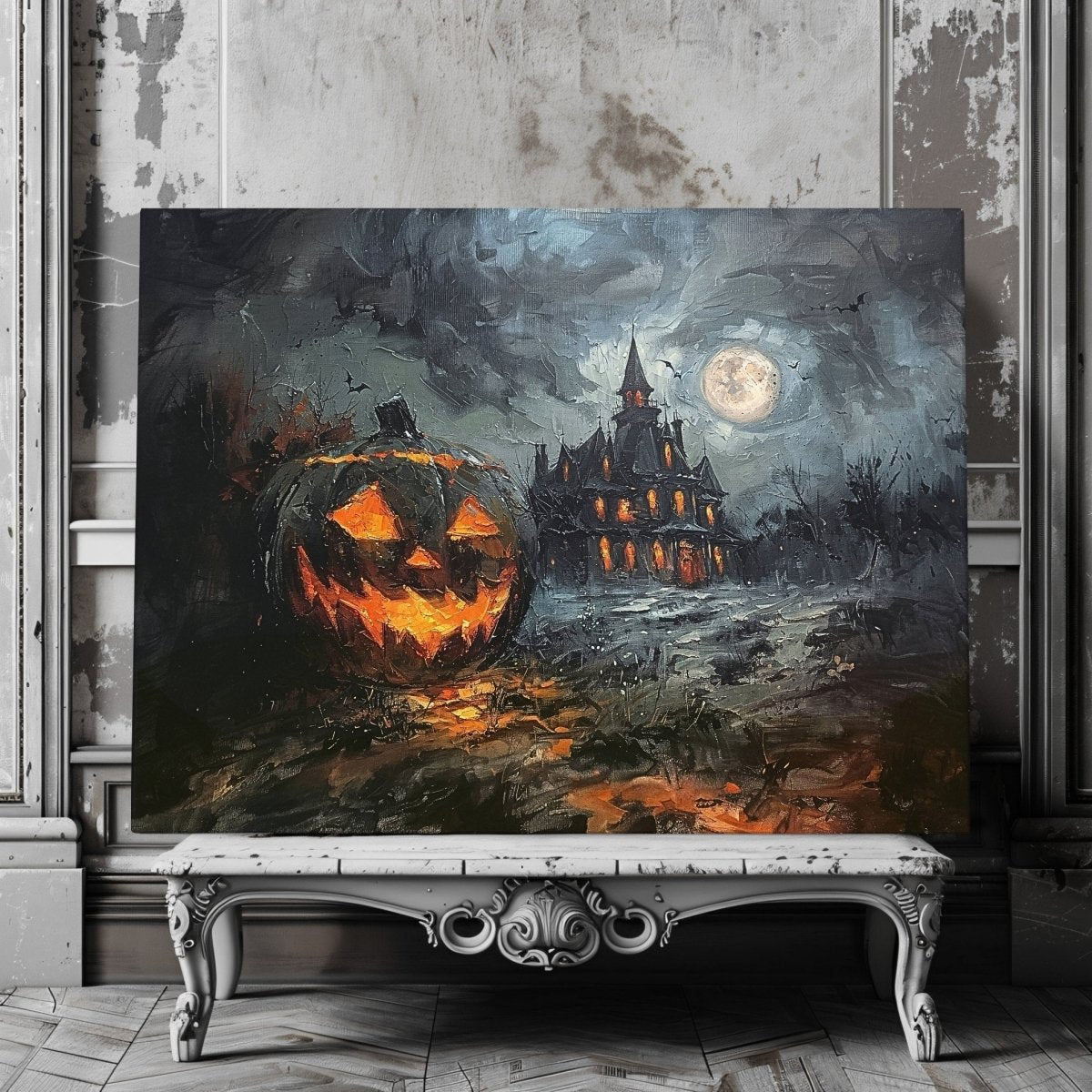 Haunted House with Halloween Pumpkin at Full Moon Night - Gothic Canvas Print - Everything Pixel