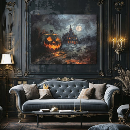 Haunted House with Halloween Pumpkin at Full Moon Night - Gothic Canvas Print - Everything Pixel