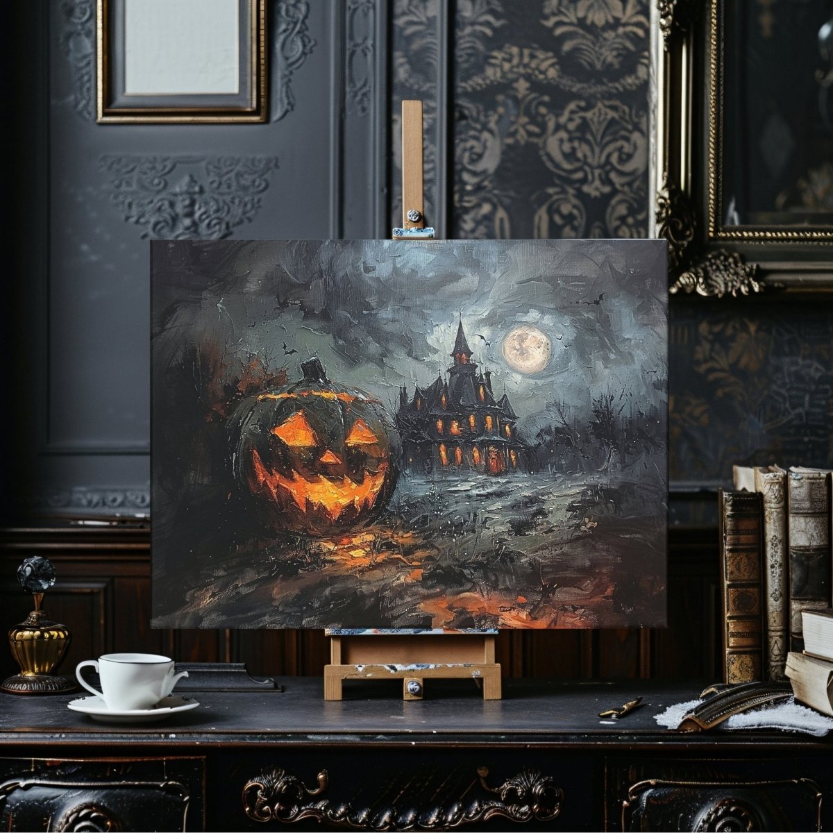 Haunted House with Halloween Pumpkin at Full Moon Night - Gothic Canvas Print - Everything Pixel