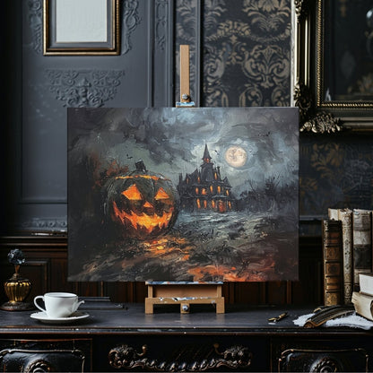 Haunted House with Halloween Pumpkin at Full Moon Night - Gothic Canvas Print - Everything Pixel