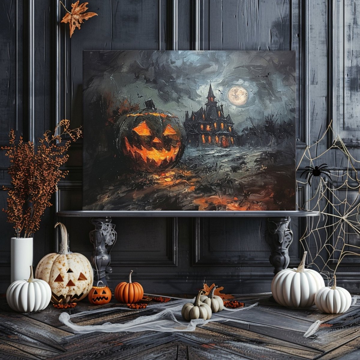 Haunted House with Halloween Pumpkin at Full Moon Night - Gothic Canvas Print - Everything Pixel