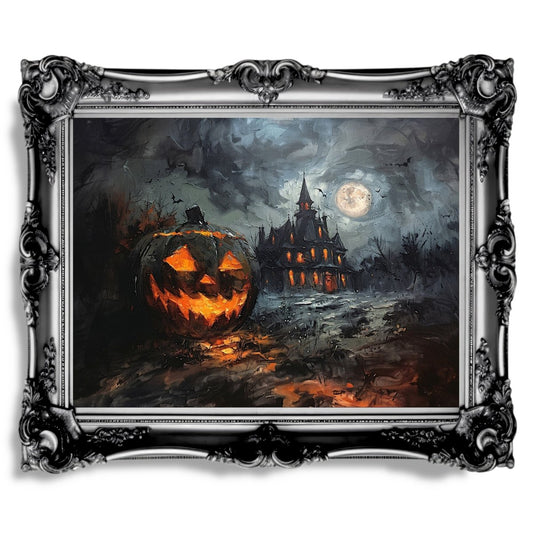 Haunted House with Halloween Pumpkin at Full Moon Night - Gothic Wall Art Print - Everything Pixel