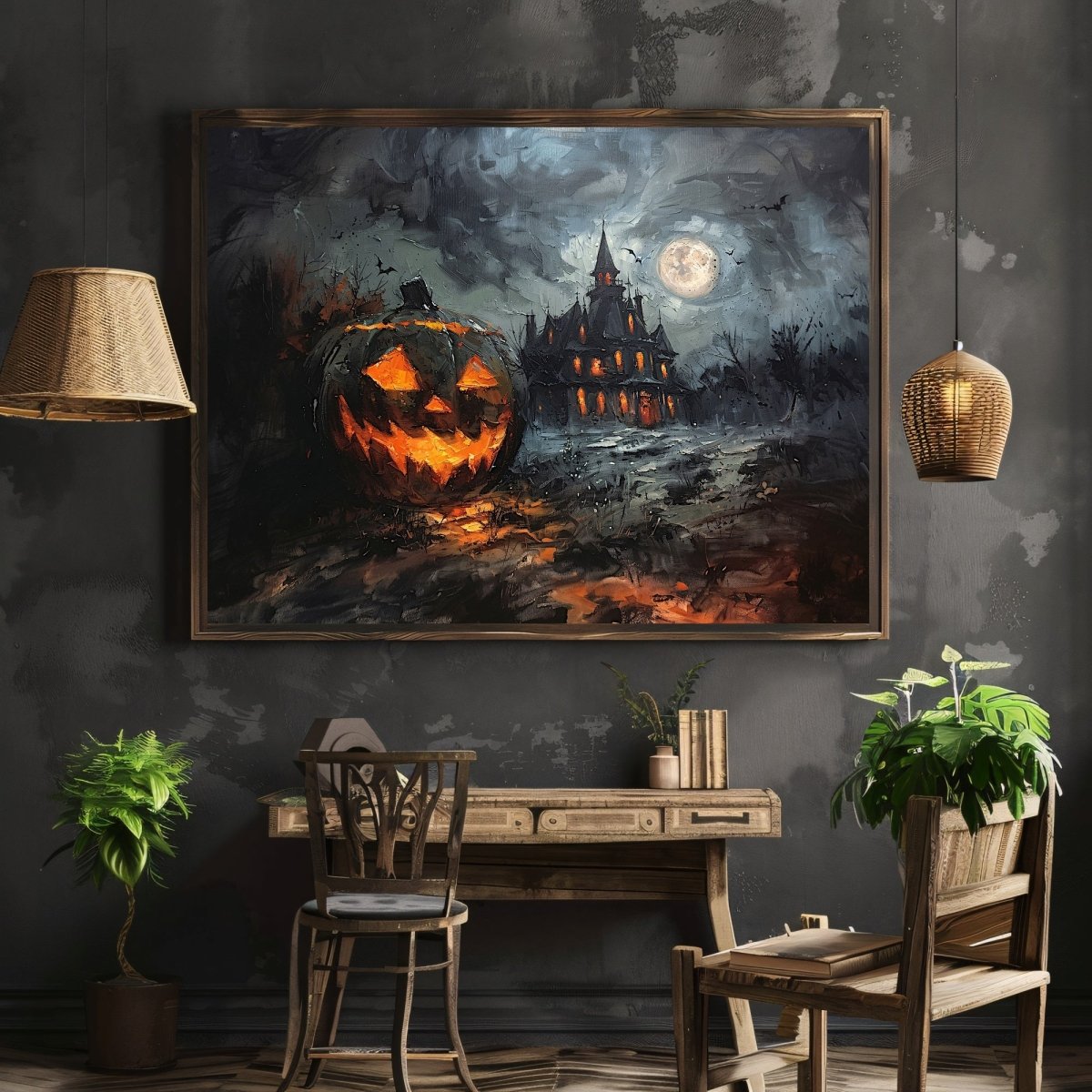 Haunted House with Halloween Pumpkin at Full Moon Night - Gothic Wall Art Print - Everything Pixel