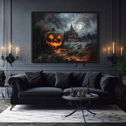 Haunted House with Halloween Pumpkin at Full Moon Night - Gothic Wall Art Print - Everything Pixel