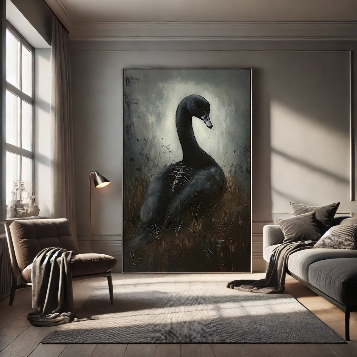 Haunting Black Swan Wall Art Print – Gothic Surrealism with Ethereal and Skeletal Details - Everything Pixel