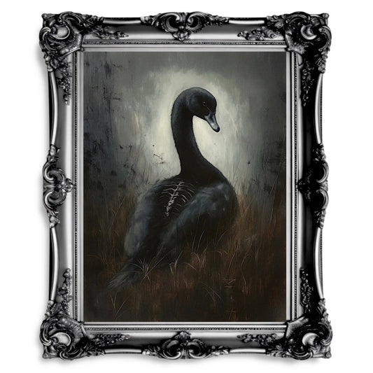 Haunting Black Swan Wall Art Print – Gothic Surrealism with Ethereal and Skeletal Details - Everything Pixel