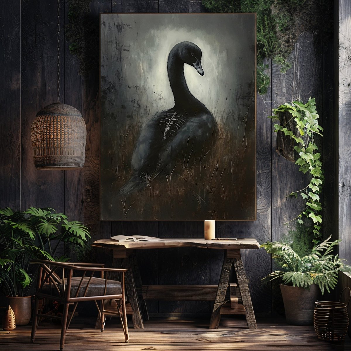 Haunting Black Swan Wall Art Print – Gothic Surrealism with Ethereal and Skeletal Details - Everything Pixel