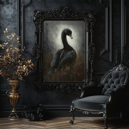 Haunting Black Swan Wall Art Print – Gothic Surrealism with Ethereal and Skeletal Details - Everything Pixel