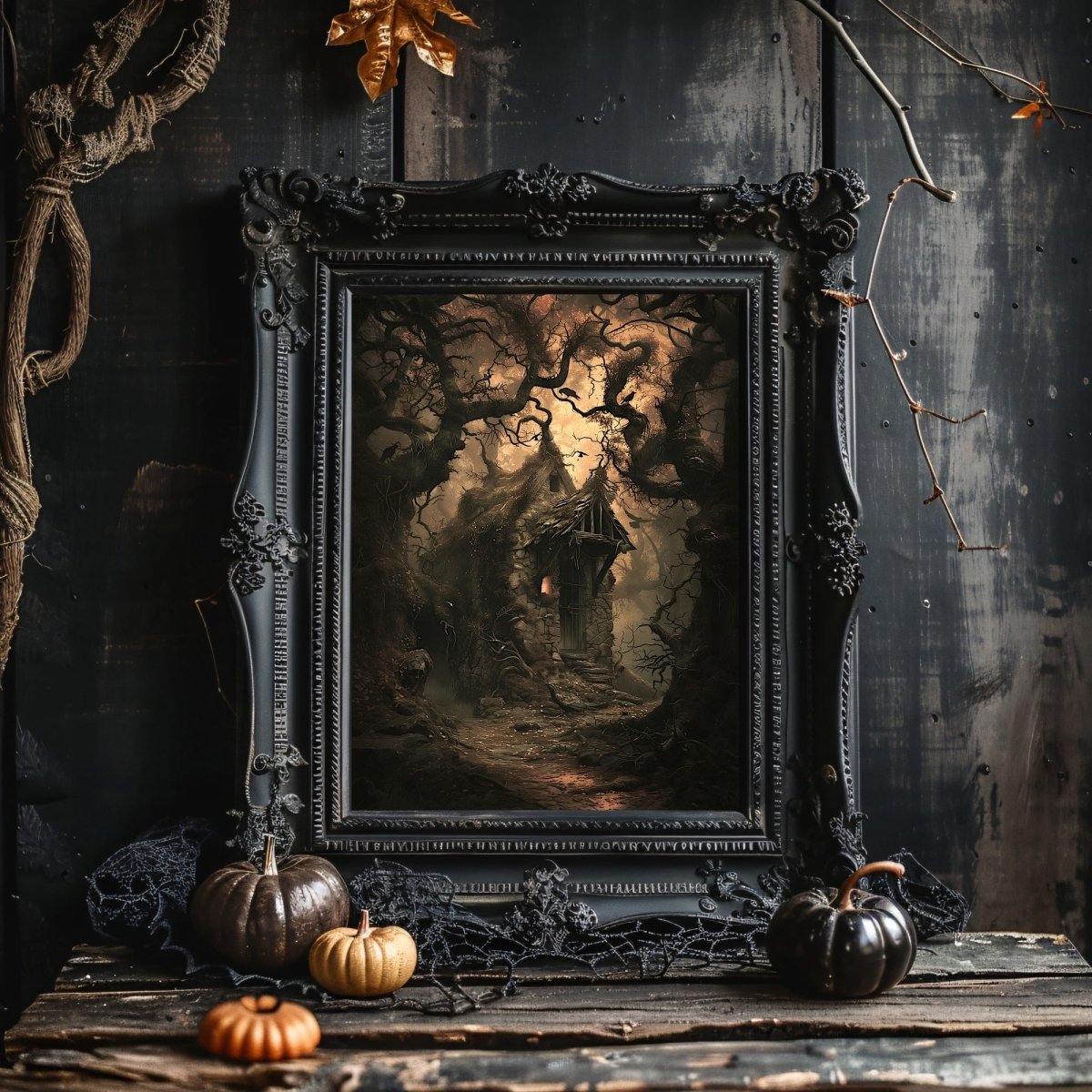 Haunting Forest Cottage Wall Art Print – Dark Fairytale with Crows and Gnarled Trees, Gothic Witchy Decor - Everything Pixel