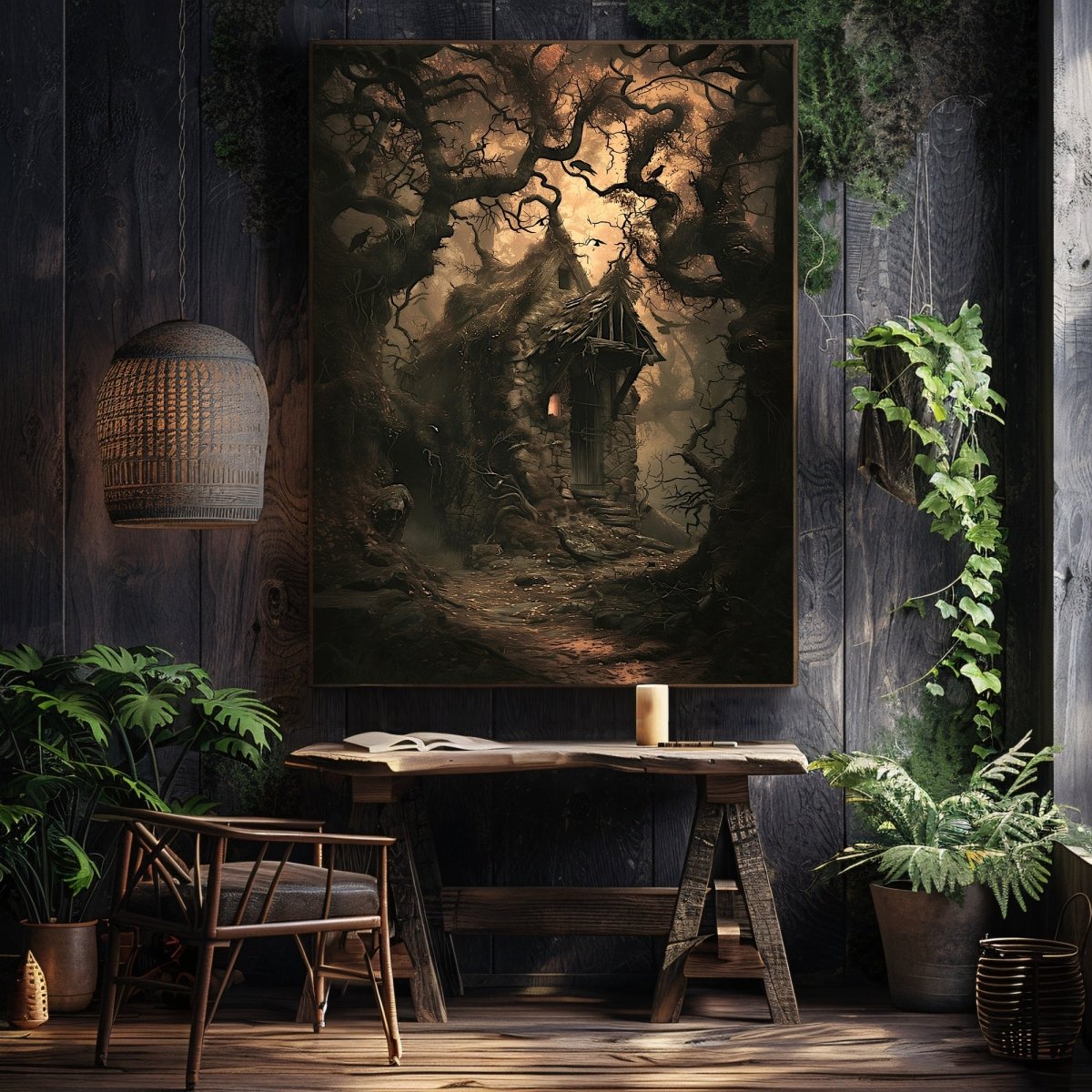 Haunting Forest Cottage Wall Art Print – Dark Fairytale with Crows and Gnarled Trees, Gothic Witchy Decor - Everything Pixel