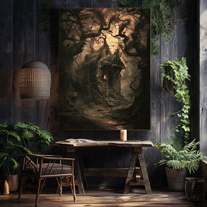 Haunting Forest Cottage Wall Art Print – Dark Fairytale with Crows and Gnarled Trees, Gothic Witchy Decor - Everything Pixel