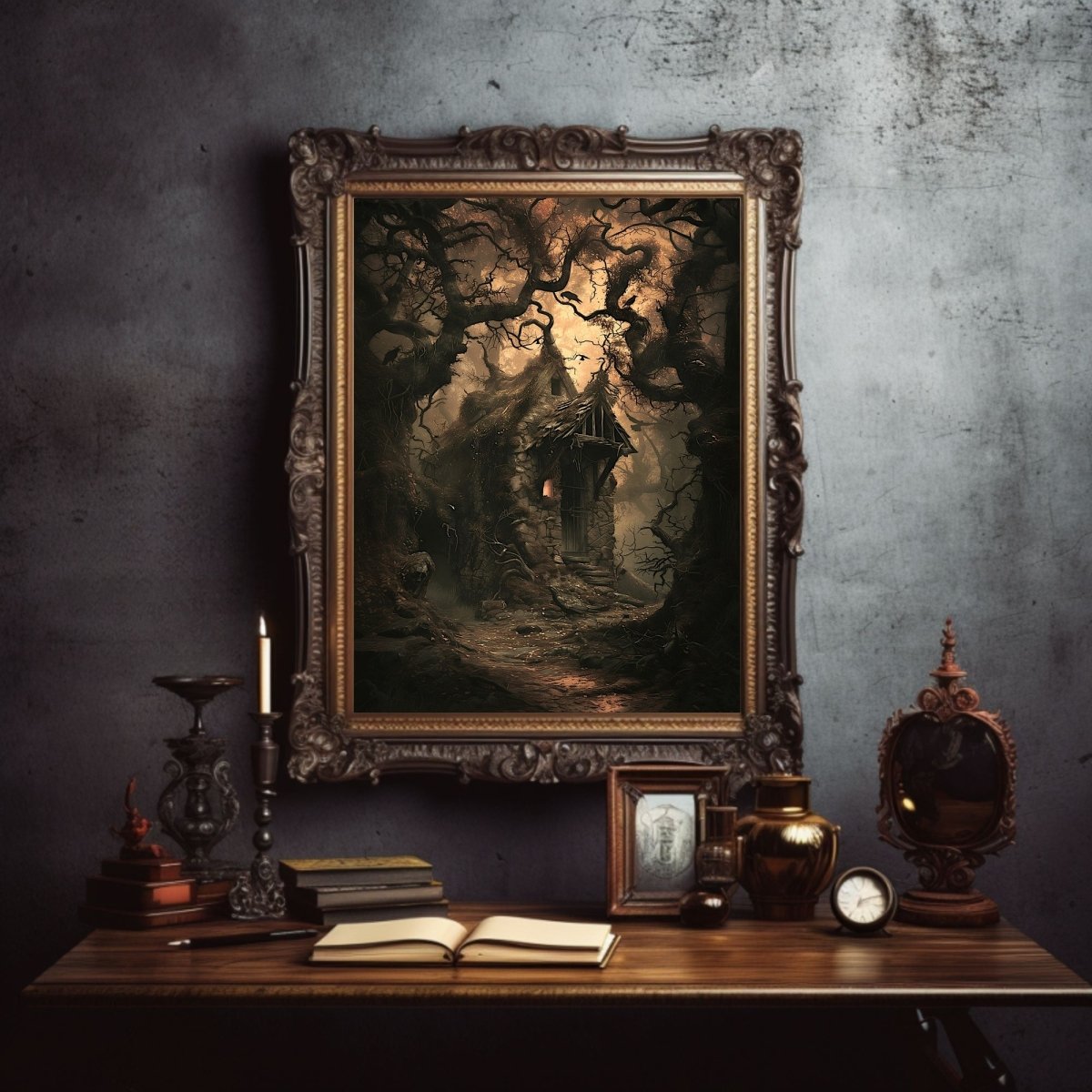 Haunting Forest Cottage Wall Art Print – Dark Fairytale with Crows and Gnarled Trees, Gothic Witchy Decor - Everything Pixel