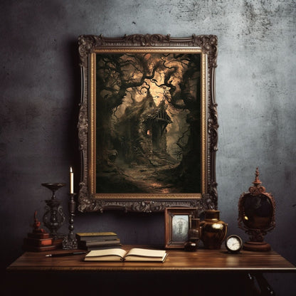 Haunting Forest Cottage Wall Art Print – Dark Fairytale with Crows and Gnarled Trees, Gothic Witchy Decor - Everything Pixel