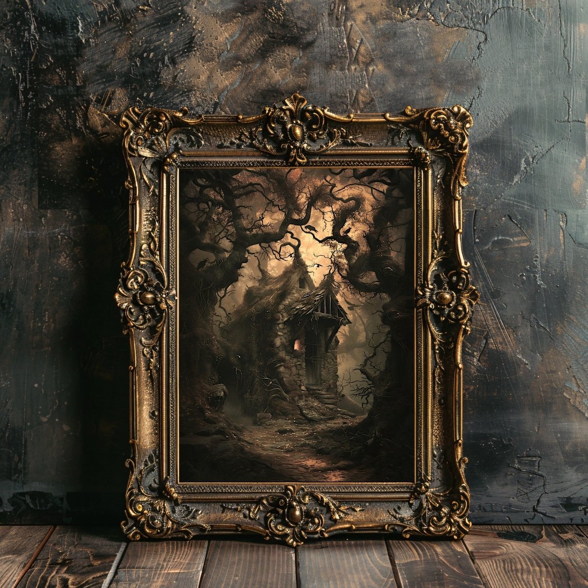 Haunting Forest Cottage Wall Art Print – Dark Fairytale with Crows and Gnarled Trees, Gothic Witchy Decor - Everything Pixel