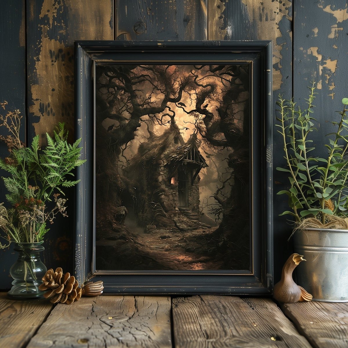 Haunting Forest Cottage Wall Art Print – Dark Fairytale with Crows and Gnarled Trees, Gothic Witchy Decor - Everything Pixel