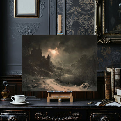 Haunting Gothic Castle Canvas Print – Snow - Covered Mountains and Eerie Winter Moon - Everything Pixel