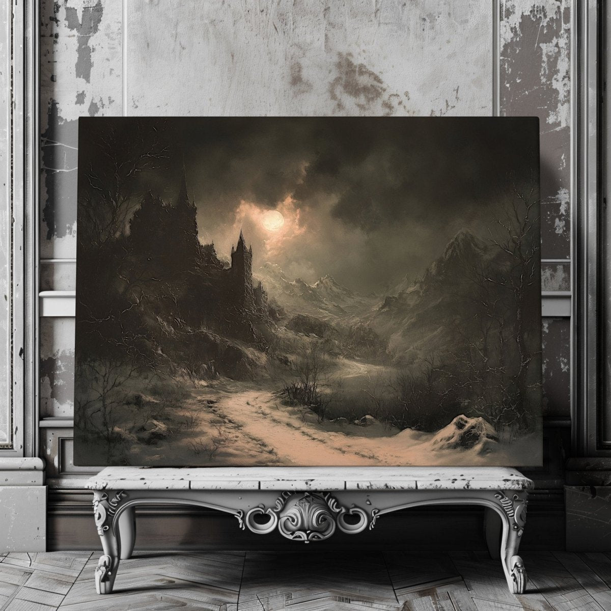 Haunting Gothic Castle Canvas Print – Snow - Covered Mountains and Eerie Winter Moon - Everything Pixel