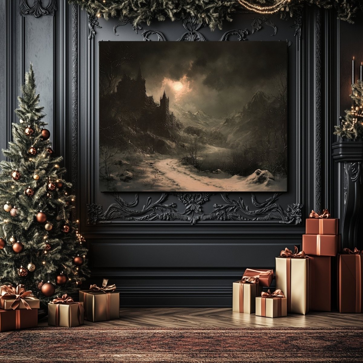 Haunting Gothic Castle Canvas Print – Snow - Covered Mountains and Eerie Winter Moon - Everything Pixel