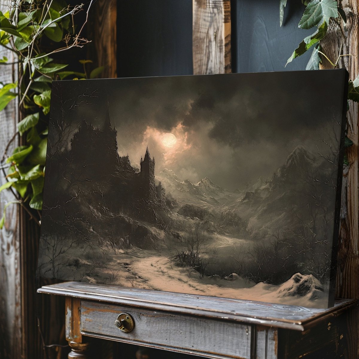 Haunting Gothic Castle Canvas Print – Snow - Covered Mountains and Eerie Winter Moon - Everything Pixel