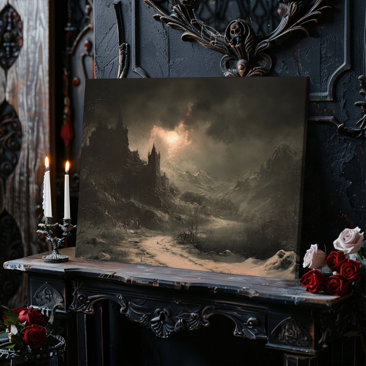 Haunting Gothic Castle Canvas Print – Snow - Covered Mountains and Eerie Winter Moon - Everything Pixel