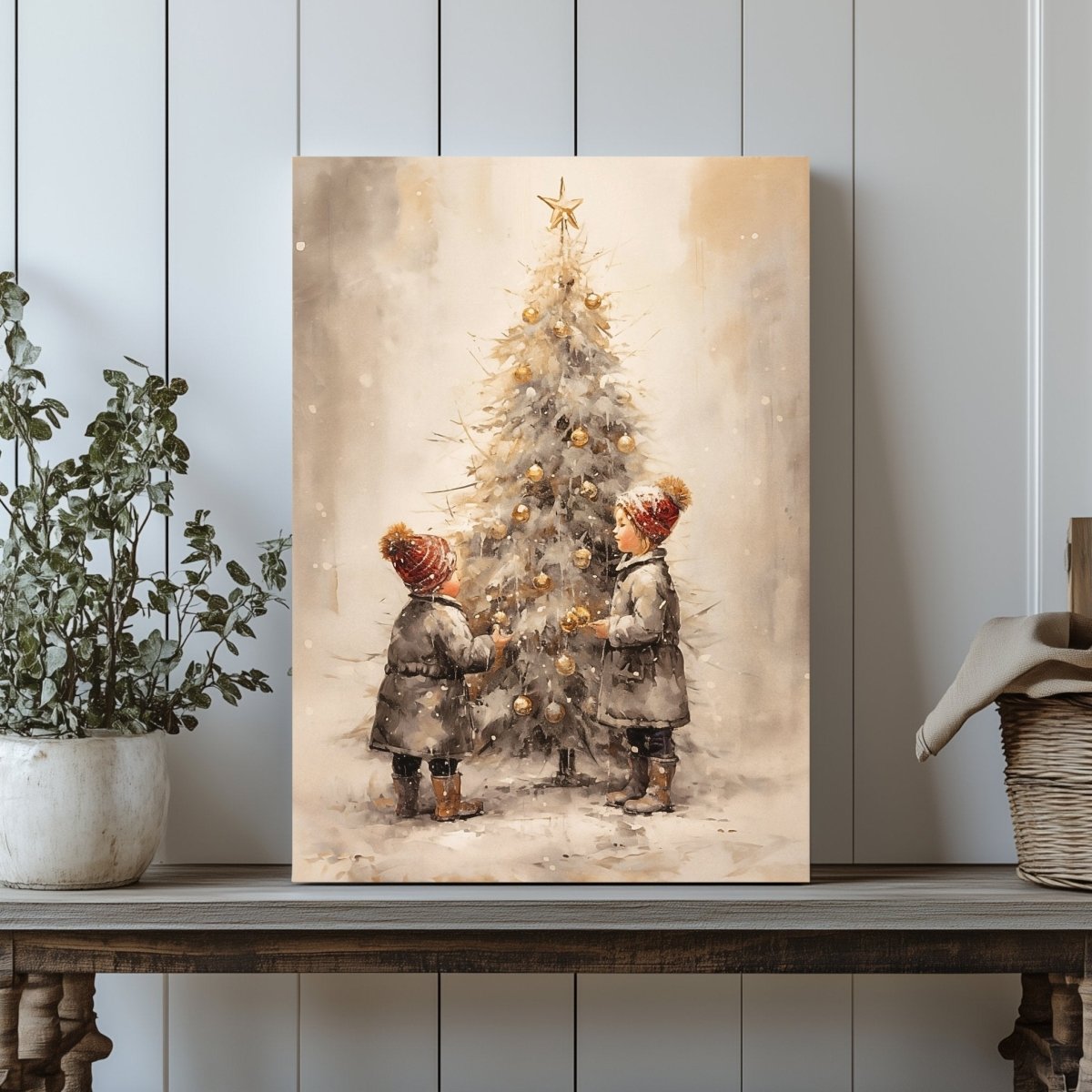 Heartwarming Christmas Children Decorating Tree Canvas Print - Farmhouse Holiday Decor, Vintage Winter Art - Everything Pixel