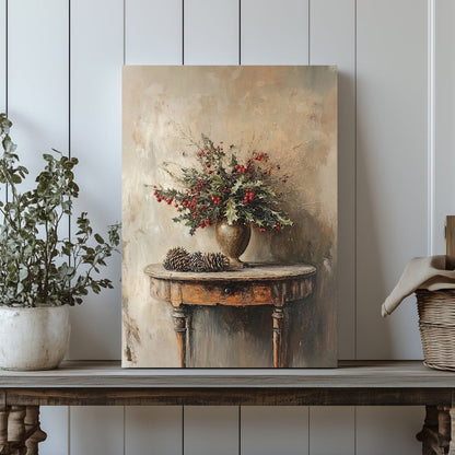 Holly and Pinecone Canvas Print – Rustic Holiday Decor with Festive Red Berries in Bronze Vase - Everything Pixel