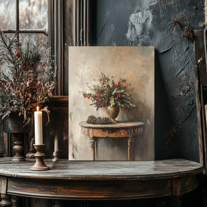 Holly and Pinecone Canvas Print – Rustic Holiday Decor with Festive Red Berries in Bronze Vase - Everything Pixel