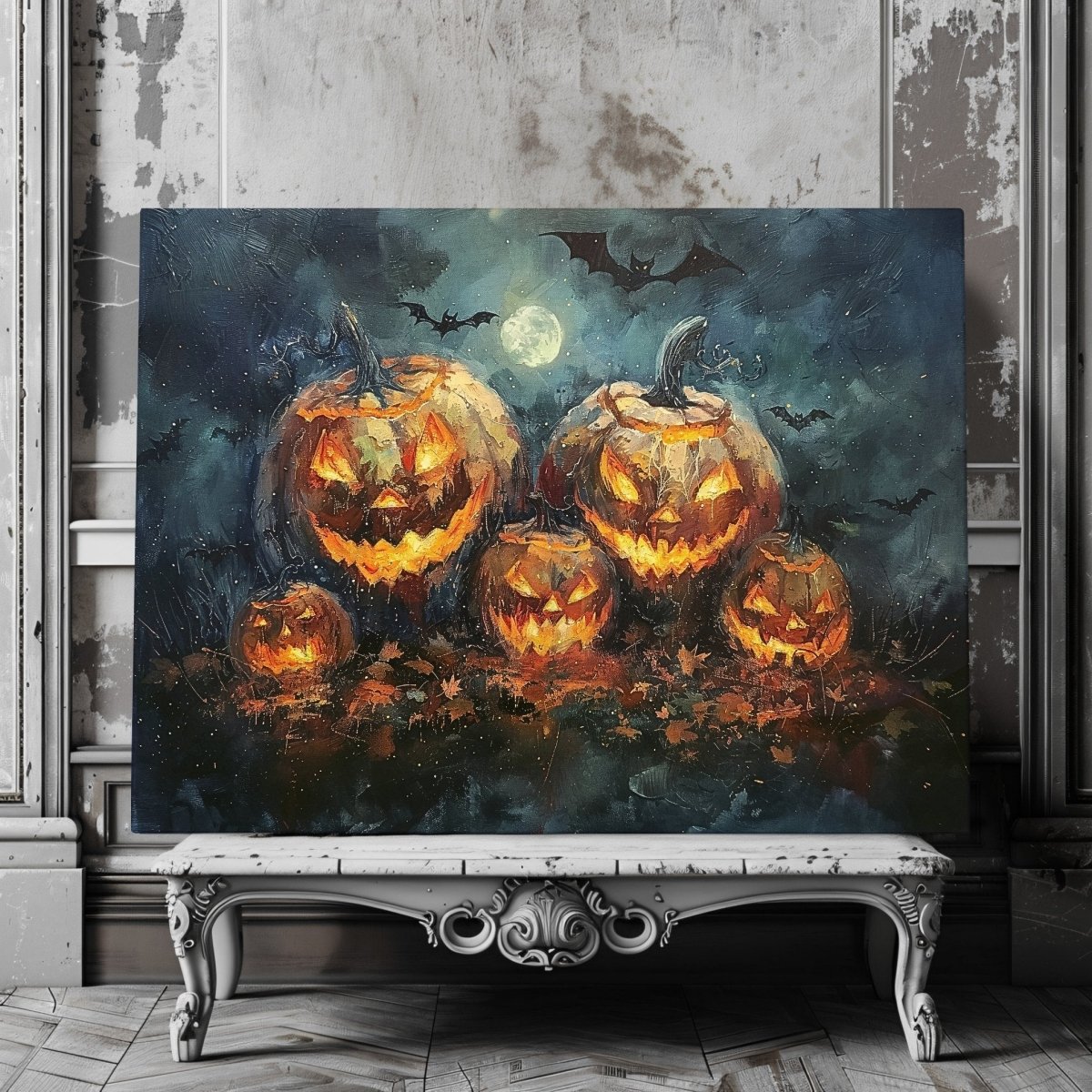 Jack - o - Lantern Pumpkin Family at Full Moon Night with Bats - Gothic Canvas Print - Everything Pixel
