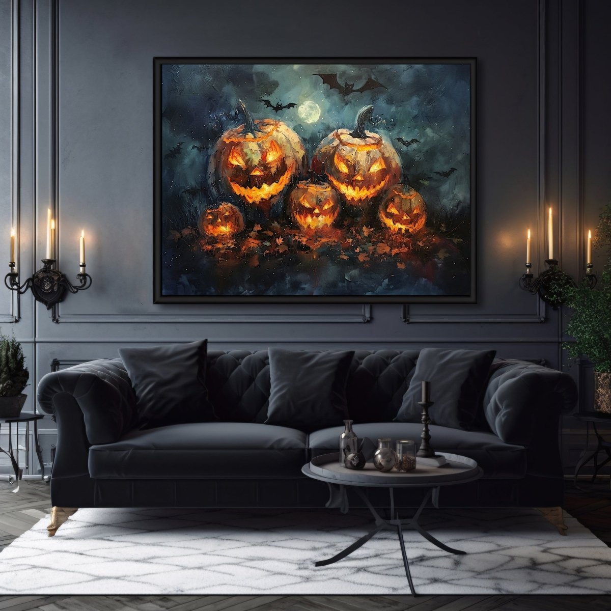 Jack - o - Lantern Pumpkin Family at Full Moon Night with Bats - Gothic Wall Art Print - Everything Pixel