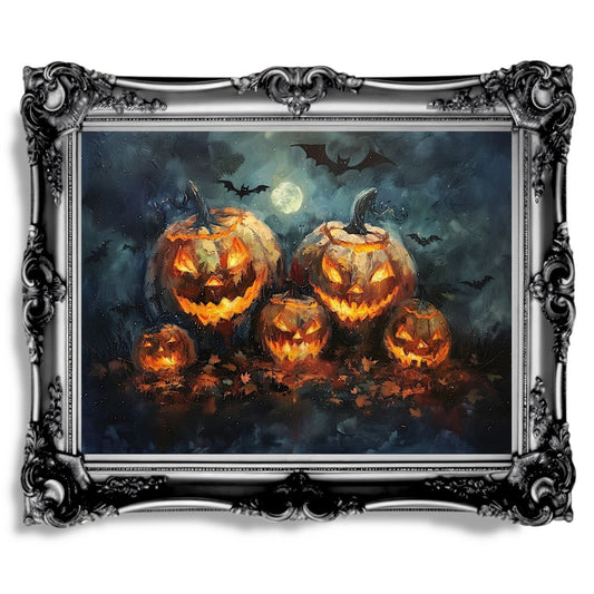 Jack - o - Lantern Pumpkin Family at Full Moon Night with Bats - Gothic Wall Art Print - Everything Pixel