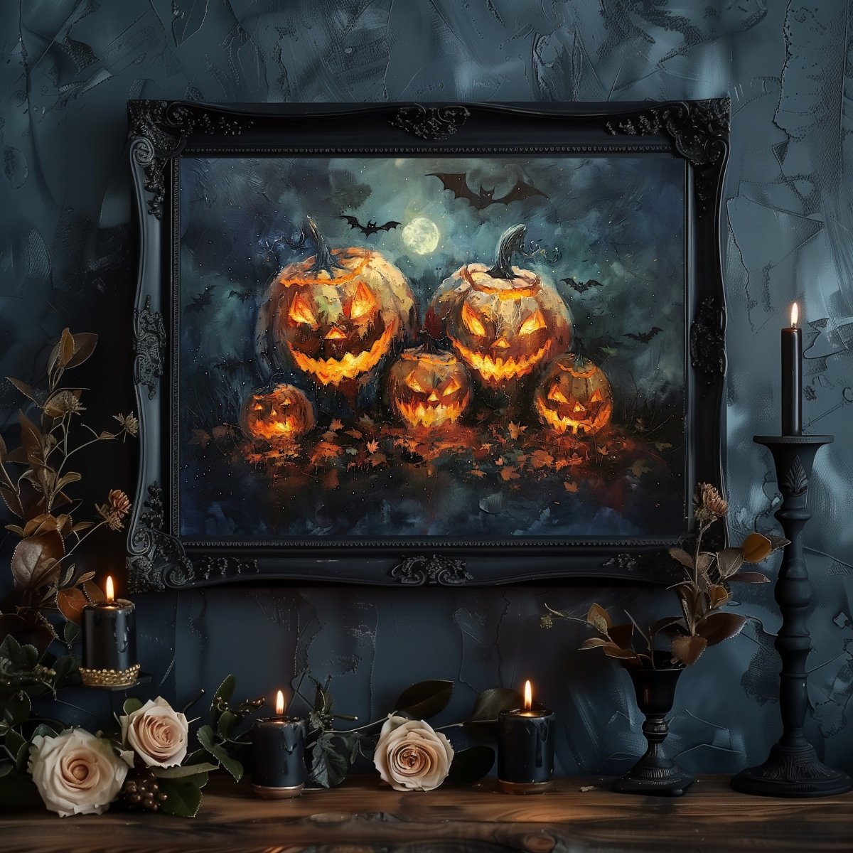 Jack - o - Lantern Pumpkin Family at Full Moon Night with Bats - Gothic Wall Art Print - Everything Pixel