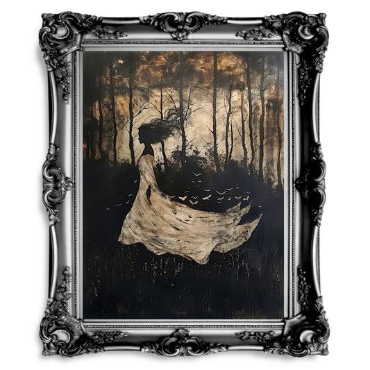 Lady in White on Dark Windy Autumn Day with Moths - Gothic Wall Art Print - Everything Pixel