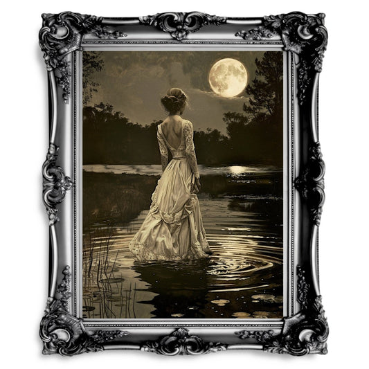 Lady in White Victorian Dress by a Lake on Full Moon Night - Gothic Wall Art Print - Everything Pixel