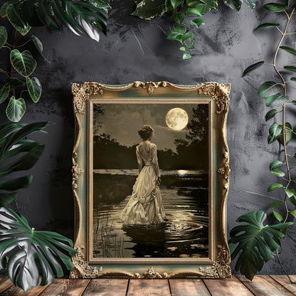 Lady in White Victorian Dress by a Lake on Full Moon Night - Gothic Wall Art Print - Everything Pixel