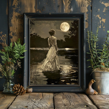 Lady in White Victorian Dress by a Lake on Full Moon Night - Gothic Wall Art Print - Everything Pixel