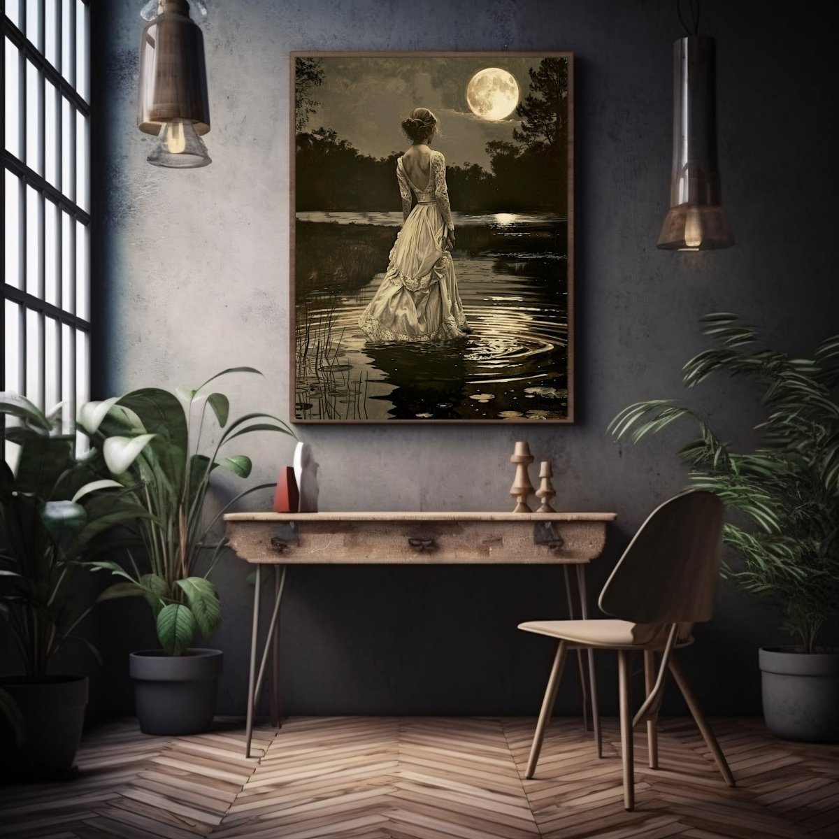 Lady in White Victorian Dress by a Lake on Full Moon Night - Gothic Wall Art Print - Everything Pixel