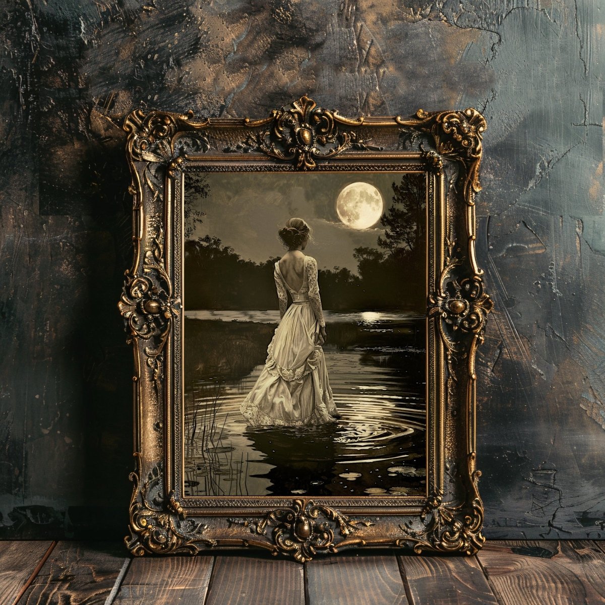 Lady in White Victorian Dress by a Lake on Full Moon Night - Gothic Wall Art Print - Everything Pixel