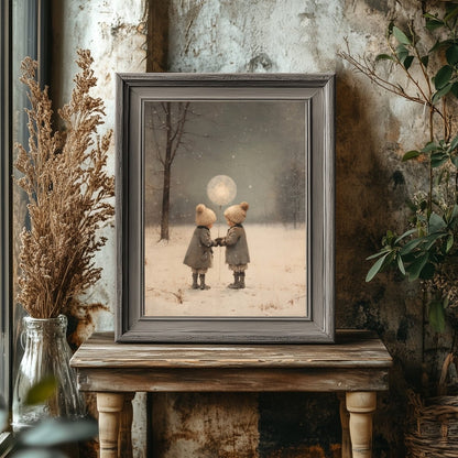 Let's raise the Moon Wall Art Vintage Winter Landscape Charming Children Christmas Scene Muted Seasonal Print Antique Painting Paper Poster Print - Everything Pixel