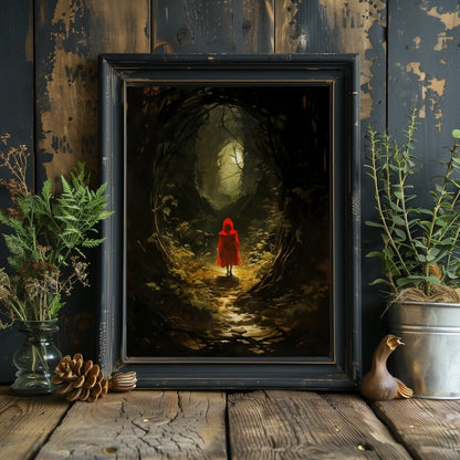 Little Red Riding Hood Gothic Wall Art Spooky Mysterious Fairytale Wall Decor Eerie Dark Forest Painting Dark Cottagecore Gothic Paper Poster Prints - Everything Pixel